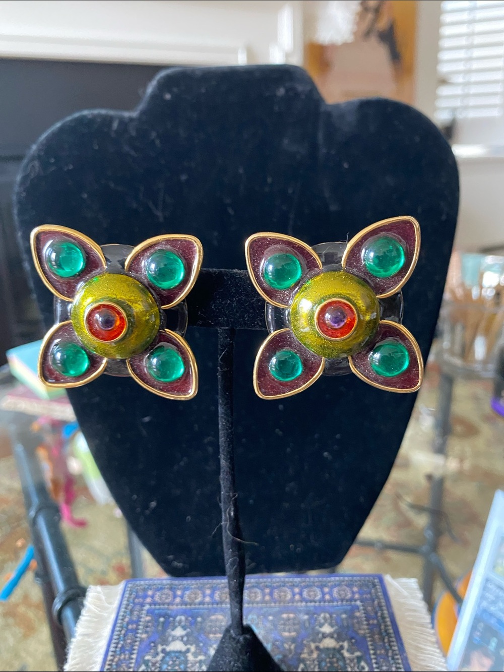 Green and Burgundy Floral Statement Clip-On Earrings